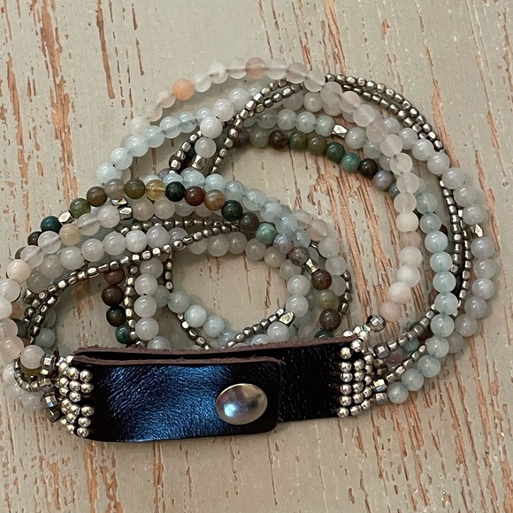 NAKAMOL Unakite and Leather Multi Strand Double Wrap Bead Green Stone Bracelet - Picture 3 of 7